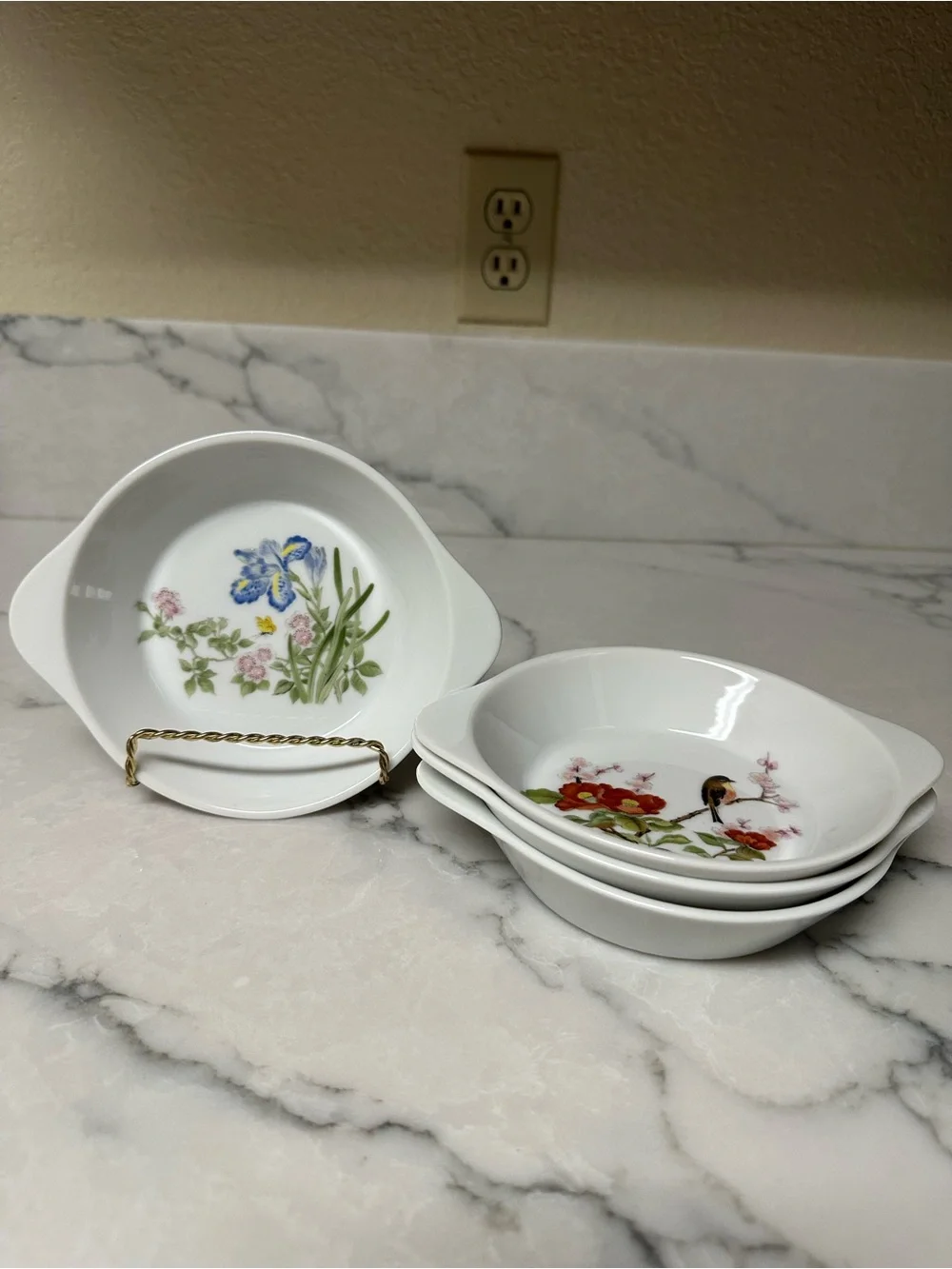 vintage botanical bird ramekins / individual casserole dishes.